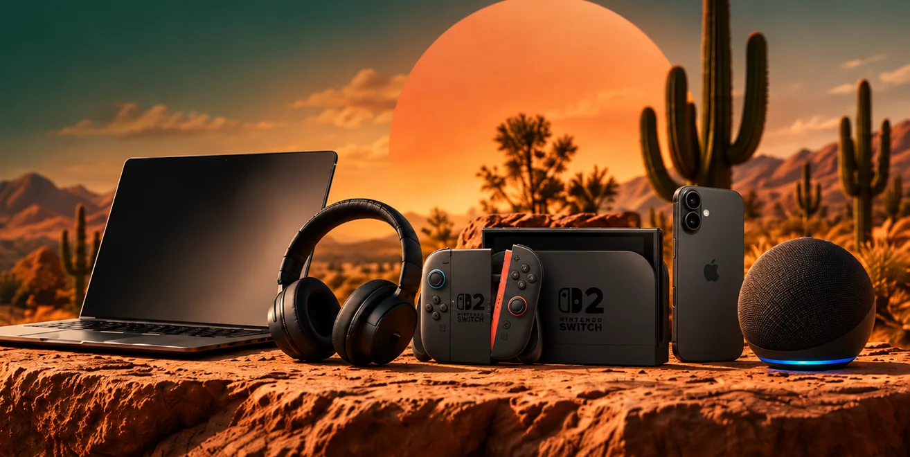 Notebook, fones de ouvido, Nintendo Switch 2, smartphone e caixa de som sobre uma paisagem do sertão